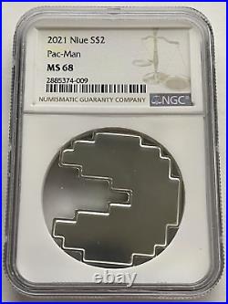 2021 Pac Man-Shaped NGC MS68 Graded 1 oz 999 Silver Niue Mint Uncirculated Coin