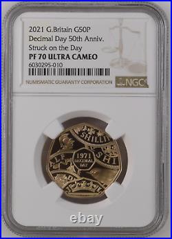 2021 Royal Mint Decimal Day 50p Gold Proof Strike/Struck On The Day NGC PF70