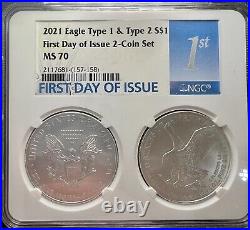 2021 Silver Eagle $1 NGC MS70 T-1 & T-2 First Day Issue 2-Coin Set Key Date