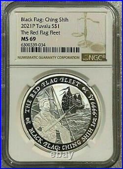 2021 Tuvalu Black Flag The Red Flag Fleet 1 oz Silver Coin NGC MS69