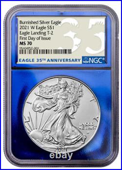 2021 W $1 Burnished American Silver Eagle 1oz Type2 NGC MS70 FDOI Blue Foil Core