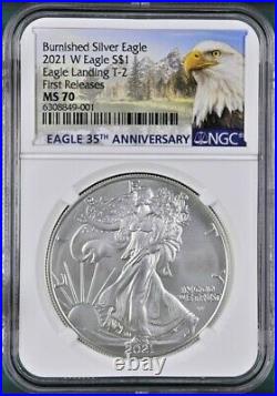 2021 W Burnished Silver Eagle, Type 2, Ngc Ms 70 First Releases, Eagle/mtn Label
