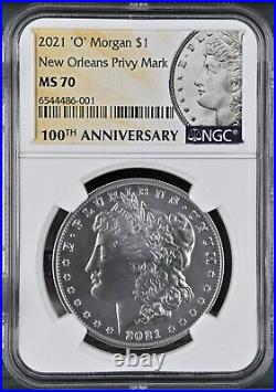 2021 o (privy) morgan silver dollar, ngc ms 70, 100th anniversary, with ogp & coa