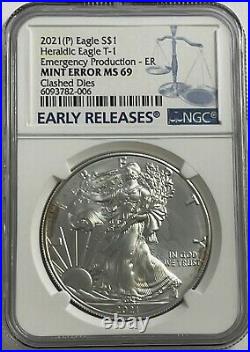 2021 (p) Silver Eagle Ngc Ms69 T-1 Emergency Production Mint Error Clashed Dies
