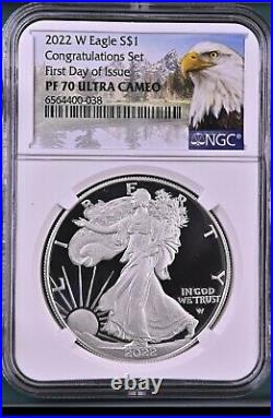 2022 W NGC PF70 $1 FIRST DAY OF ISSUE Silver Eagle CONGRATULATIONS SET FDI %%