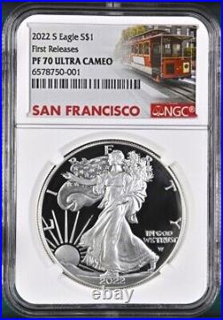 2022 s proof silver eagle, ngc pf 70 uc first releases, trolley, in hand