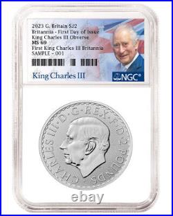 2023 2 pound first silver britannia with king charles III ngc ms69 fdoi KC label
