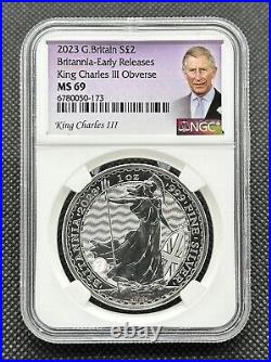 2023 G Britain £2 1oz 999 Fine Silver Britannia Early Release NGC Graded MS69
