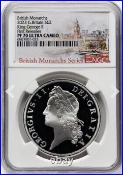 2023 KING GEORGE II BRITISH MONARCHS £2, 1 Oz Great Britain PROOF Coin, NGC PF70