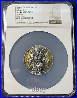 2024 2 Oz. 999 Silver Cameroon Inferno Titan High Relief Coin NGC MS 70 Antiqued