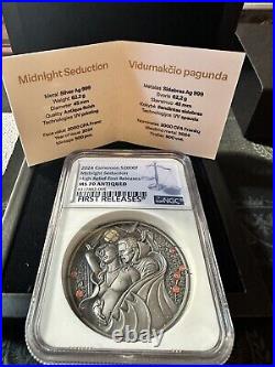 2024 Cameroon 2 oz Silver Midnight Seduction NGC MS70 Antiqued HR 1st Release