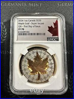 2024 Canada 1 oz Silver Maple Leaf Super Incuse Gilded NGC PF 70 1ST Day Issue