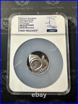 2024 Niue 2 oz Silver Antiqued Discovery Shark Week Great White Shark NGC MS70