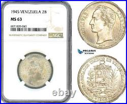 AJ081, Venezuela, 2 Bolivares 1945, Silver, NGC MS63