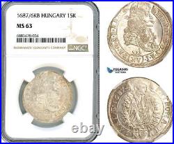 AJ596, Hungary, Leopold I, 15 Kreuzer 1687/6 KB, Kremnitz Mint, Silver, NGC MS63