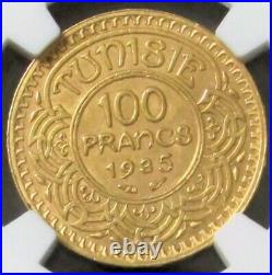 Ah1354 // 1935 Gold Tunisia 100 Francs Coin Ngc Mint State 63