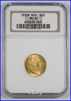 Austria 1855 A 1 Ducat/Dukat Gold Coin NGC MS63 KM#2263 Vienna Mint Top Grade