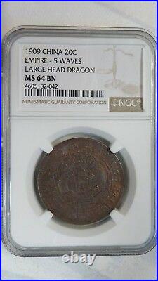 China 20 Cash Central Mint, 1909, Y- 21.5, NGC MS 64 Brown