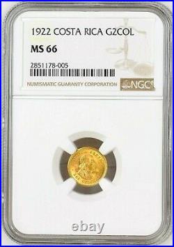 Costa Rica Republic Gold 2 Colones 1922, NGC MS 66, KM# 139 Philadelphia Mint