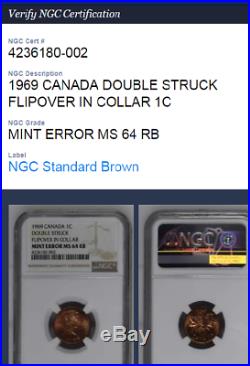 Double Error 1969 Canada Double Struck Flip Over In Collar 1c Mint Error Ms 64