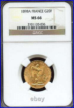 France Republic gold 20 Francs 1898-A MS66 NGC, Paris mint, Angel HIGHEST GRADE