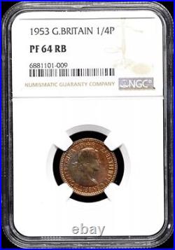 G BRITAIN 1953 Queen Elizabeth II Coronation PROOF, 1/4P Farthing Coin, NGC PF64