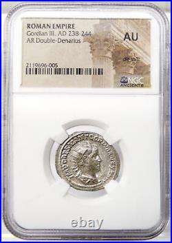 GORDIAN III Rare Antioch mint NGC Certified AU. Victory Roman Double Denarius