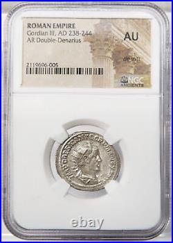 GORDIAN III Rare Antioch mint NGC Certified AU. Victory Roman Double Denarius