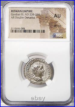 GORDIAN III Rare Antioch mint NGC Certified AU. Victory Roman Double Denarius