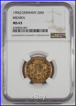 Germany Bremen 1906 J 20 Mark Gold Coin NGC MS63 Hamburg Mint KM252 BU Scarce