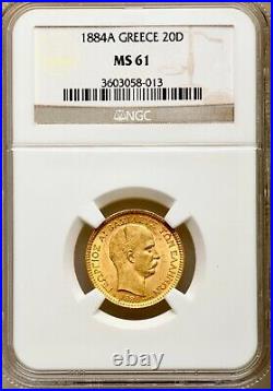 Greece, 1884 20 Drachmai 5.25 Grams gold coin George I NGC MS (Mint State)