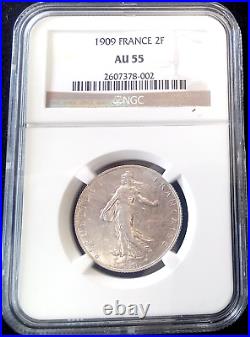 LOW MINT NGC AU55 ONLY 2 HIGHER! 1909 France 2 Francs km#845.1 Silver Coin