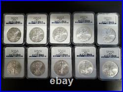Lot (10) 2010 Silver American Eagle $1 NGC MS70 1 Oz Early Releases 25th Ann