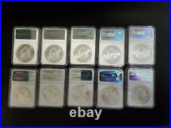 Lot (10) 2010 Silver American Eagle $1 NGC MS70 1 Oz Early Releases 25th Ann