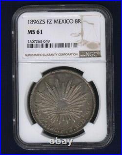 MEXICO REPUBLIC ZACATECAS MINT 1896-ZsFZ 8 REALES SILVER COIN CERTIFIED NGC MS61