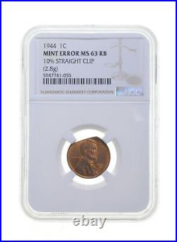 MS63 RB MINT ERROR 1944 Lincoln Wheat Cent 10% Straight Clip (2.8g) NGC 4258