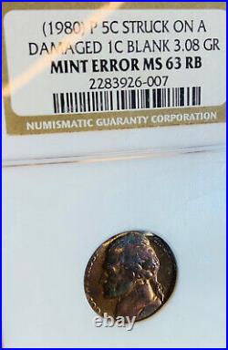 Mint Error 1980 P Jefferson Nickel Struck On Damaged 1C Blank NGC MS 63 RB