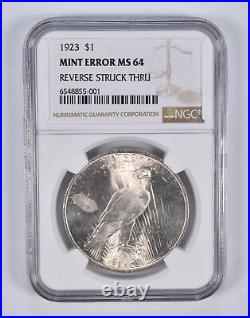 Mint Error MS64 1923 Peace Silver Dollar REV Struck Thru NGC 2373