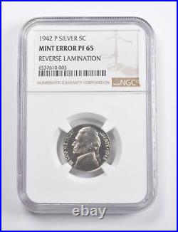 Mint Error PF65 1942-P Jefferson Silver Nickel REV Lamination NGC 3447