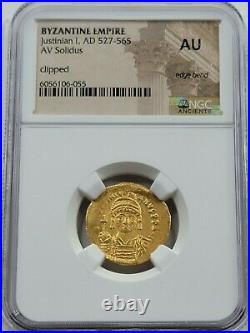 NGC AU Justinian I the Great AV Solidus. 527-565 AD. Constantinople Mint