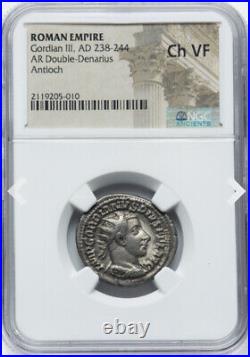 NGC Ch VF Gordian III 238-244 AD, Roman Empire Denarius Coin, RARE ANTIOCH MINT
