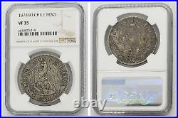 NGC Chile 1874 So Mint Un Peso Large Silver Coin Nice Toned VF35 Scarce