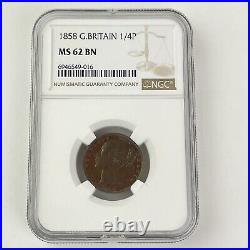 NGC Graded 1858 Great Britain 1/4P Farthing Mint State MS 62 BN Coin