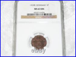 NGC MS-63 BN NAZI SWASTIKA 1939-E 1 ReichPfennig COIN-Germany 3rd-REICH MINT