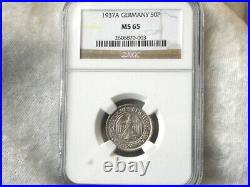 NGC MS-65 NAZI GERMANY 3rd-REICH 1937-A 50 ReichsPfennig COIN Very RARE MINT