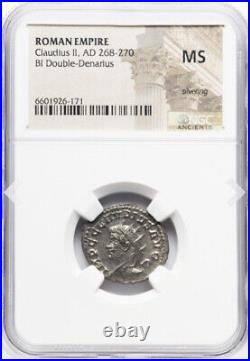 NGC MS Claudius II 268-270 AD Roman Empire Bi Denarius Coin, RARE LEFT BUST