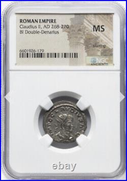 NGC MS Claudius II 268-270 AD Roman Empire Mint Denarius Coin, JUNO with PEACOCK