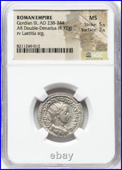 NGC MS Gordian III 238-244 AD, Roman Empire Caesar Rome 5/5 Denarius Silver Coin