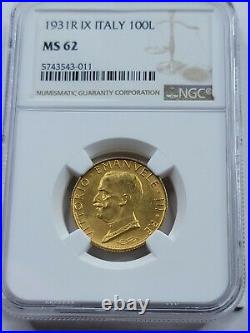 NGC MS62 Vittorio Emanuele III AV 100 Lire. 1931 AD. Rome Mint. 0.2546 AGW oz