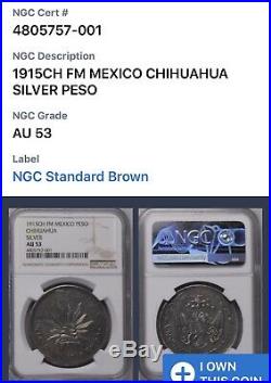 NGC Mexico 1915 Un Peso Chihuahua CH FM Mint Silver Coin AU 53 Scarce
